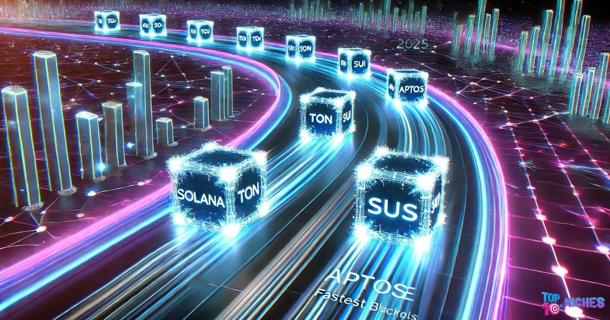 Top 10 Fastest Blockchains in 2025|Speed Leaders of the Crypto World 1 Futuristic blockchain speed concept showing Top 10 fastest blockchains in 2025