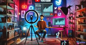 Top 10 Most Profitable Small Business Ideas 2025 9 YouTube content creator recording video for online channel.