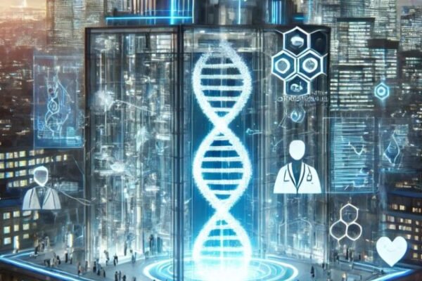 Futuristic hospital with digital AI doctors and holographic health data representing the future of medicine in 2025