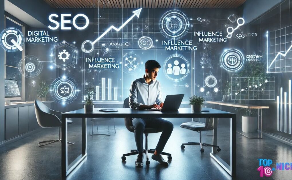 A startup founder analyzing digitalMarketing Strategies for Startup Growth with floating icons