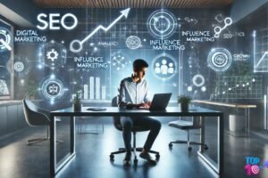 A startup founder analyzing digitalMarketing Strategies for Startup Growth with floating icons