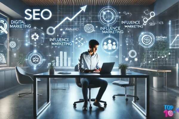 A startup founder analyzing digitalMarketing Strategies for Startup Growth with floating icons