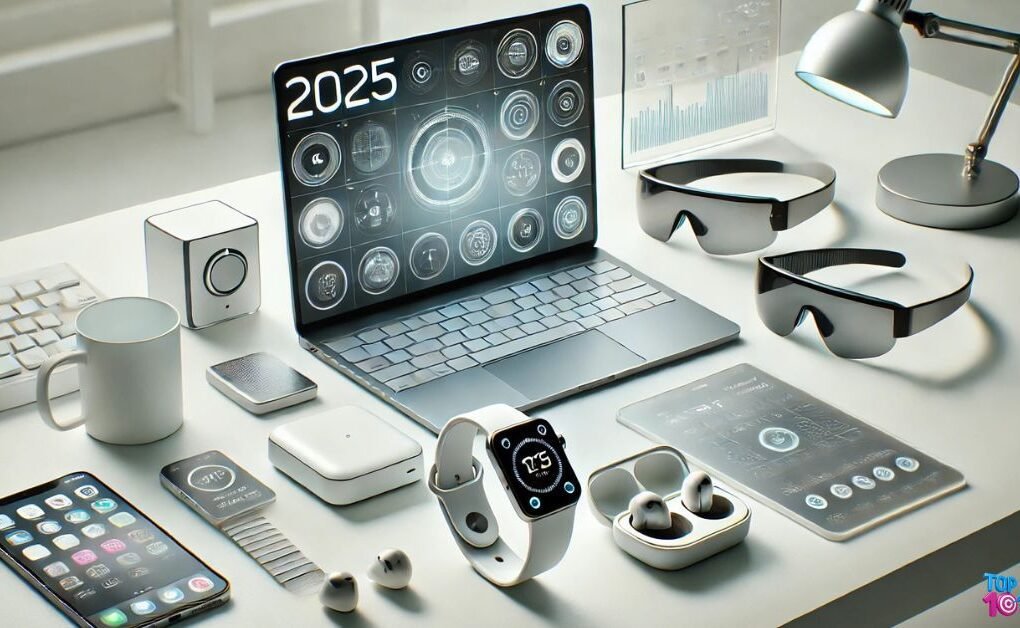 Top 10 Tech Gadgets Worth Buying in 2025 displayed on a modern desk setup with smart devices.