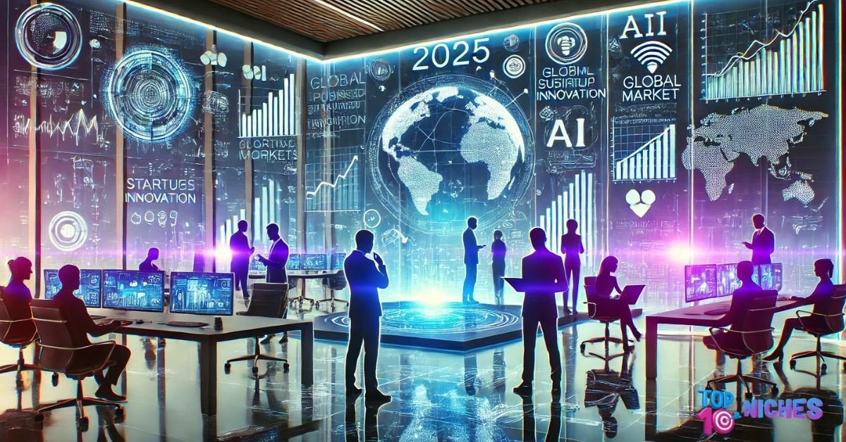 top business trends for 2025 futuristic digital business dashboard with entrepreneurs analyzing trends