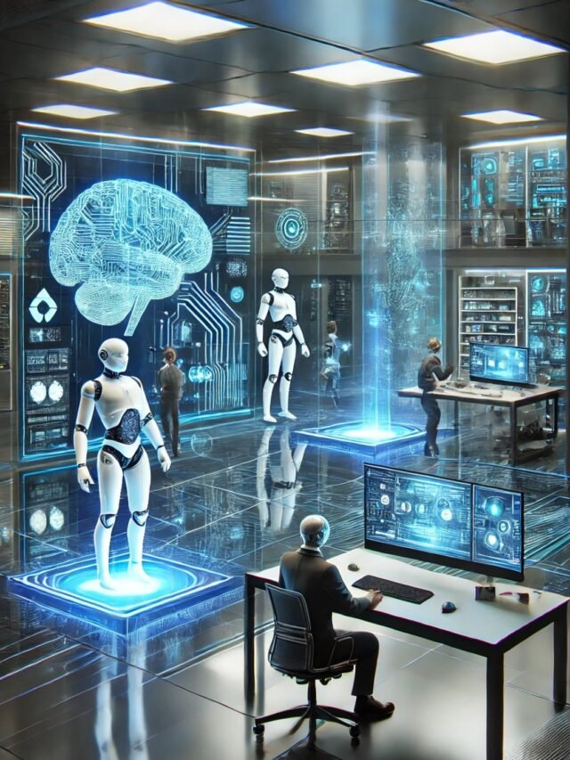 AI tech startups revolutionize the 2025 futuristic workspace with holographic robots, digital brain circuits, and glowing innovation screens