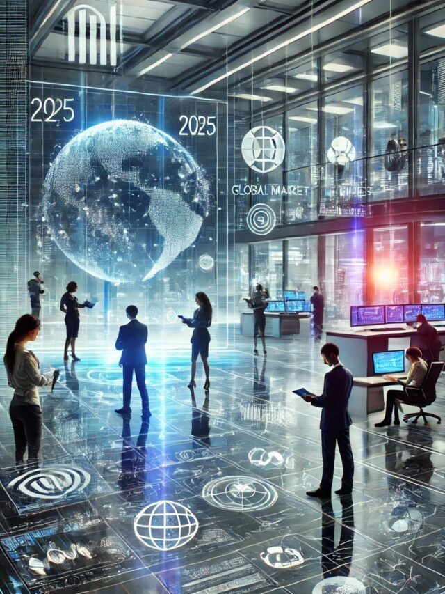 Futuristic 2025 business dashboard with entrepreneurs analyzing holographic charts, AI trends, and global market insights.”